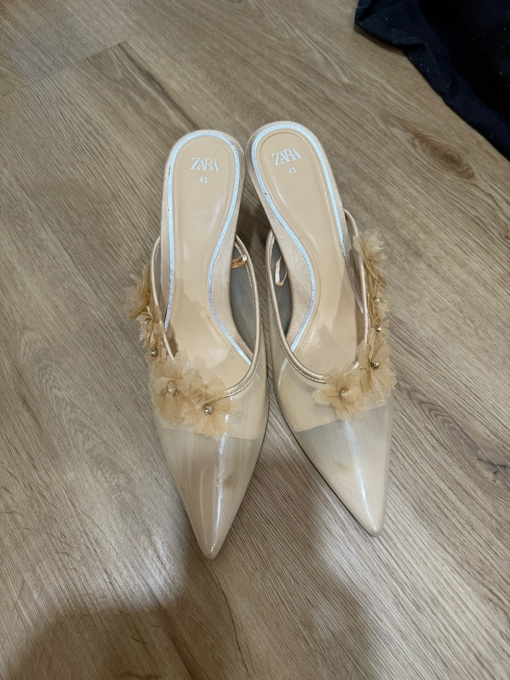 Zara Nude Pointed-Toe Floral Mule Heels